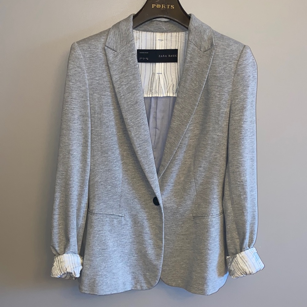 Zara Gray Single-Button Knit Blazer with Striped Lining